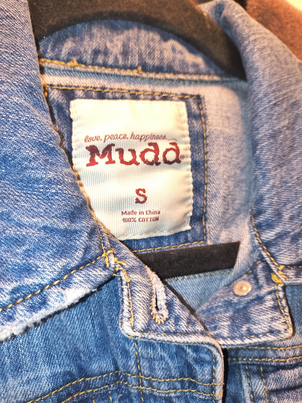Mudd Light Blue Denim Jacket with Yellow Stitching Accents